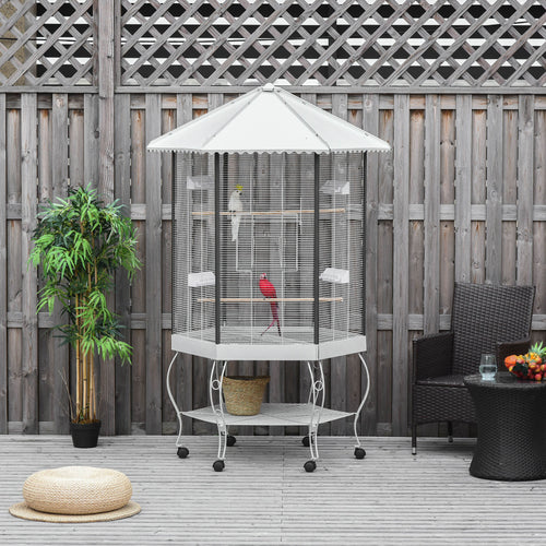 Hexagonal Portable Aviary Flight Cage with Canopy & Storage – 77