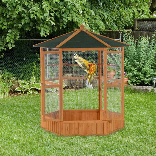 Wooden Hexagonal Outdoor Aviary Bird Cage with Covered Roof – Brown 69